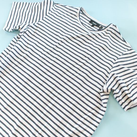 Theory Clinton White Black Striped Midi Easy Tee Knit Dress Size Medium Loose - Picture 3 of 8